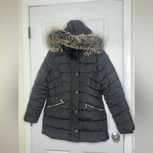 London Fog Black Puffer Coat with Fur Hood